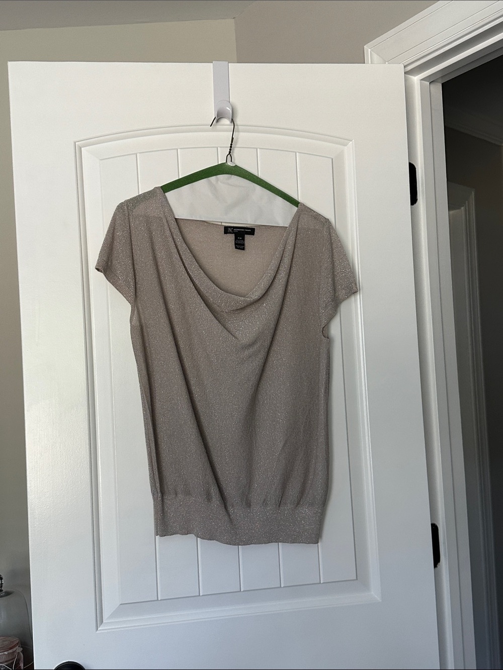 Shimmery Taupe Cowl-Neck Short-Sleeve Sweater